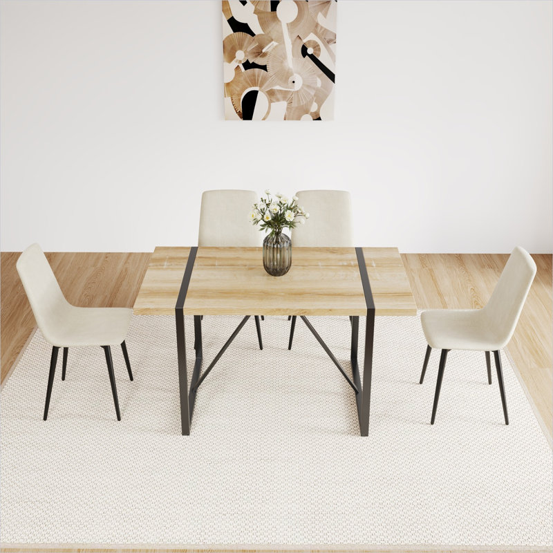 Ensemble de salle à manger 5 pièces en lin beige avec table carrée en panneau de fibres à densité moyenne brun de 55 pouces, ensemble de cuisine moderne de style Mid-Century à 4 places avec pieds en métal