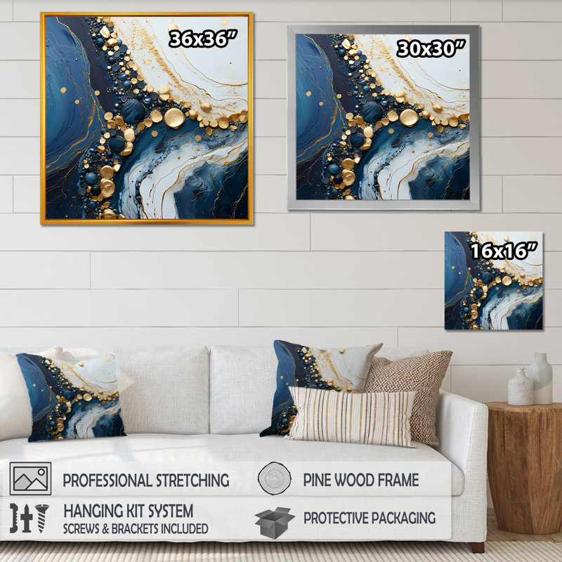 Encre marbrée dorée et bleue - Art mural abstrait à l'encre liquide, Cadre doré simple, H 30 po x l 30 po x P 1,5 po