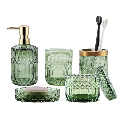Ensemble d'accessoires de salle de bain vert, 5 pièces d'accessoires de salle de bain en verre transparent, distributeur de savon, porte-savon, ensemble de porte-brosse à dents, gobelet, support de cotons-tiges pour décoration de salle de bain en cristal rétro