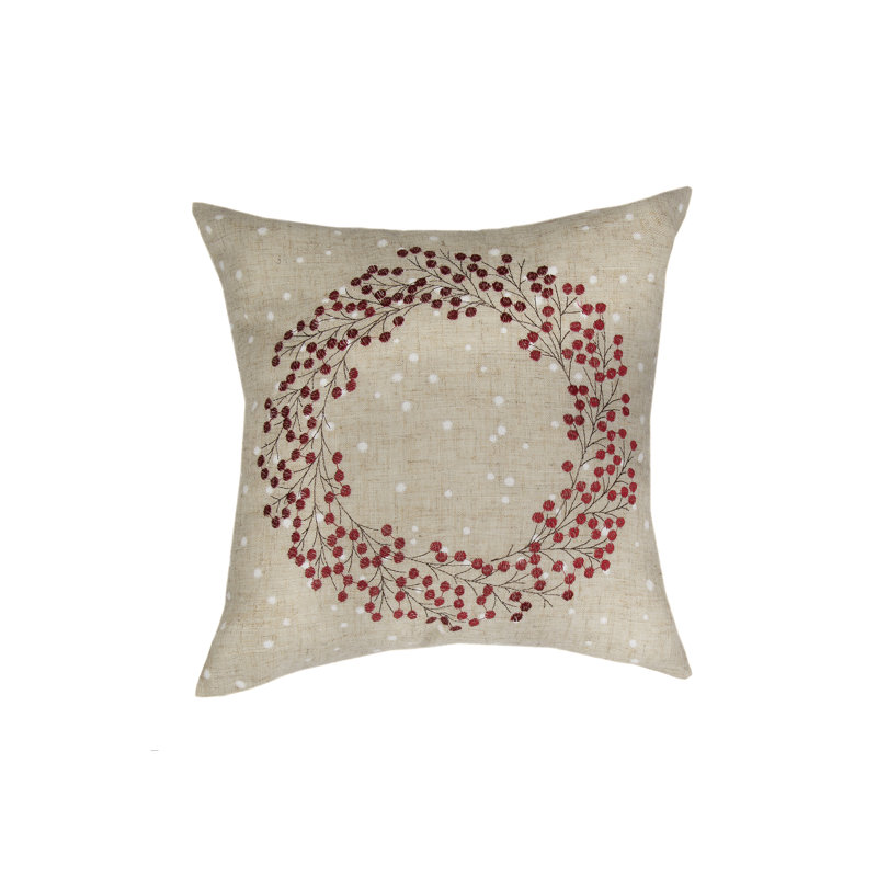 Holly Berry Wreath Embroidered Linen Christmas Pillow 14" x 14"