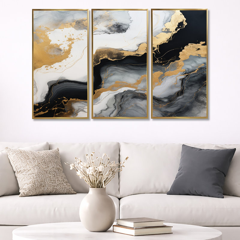 Glam Gold Flows - ensemble d'art mural en marbre noir, Cadre flottant doré, H 28 po x l 36 po x P 1 po