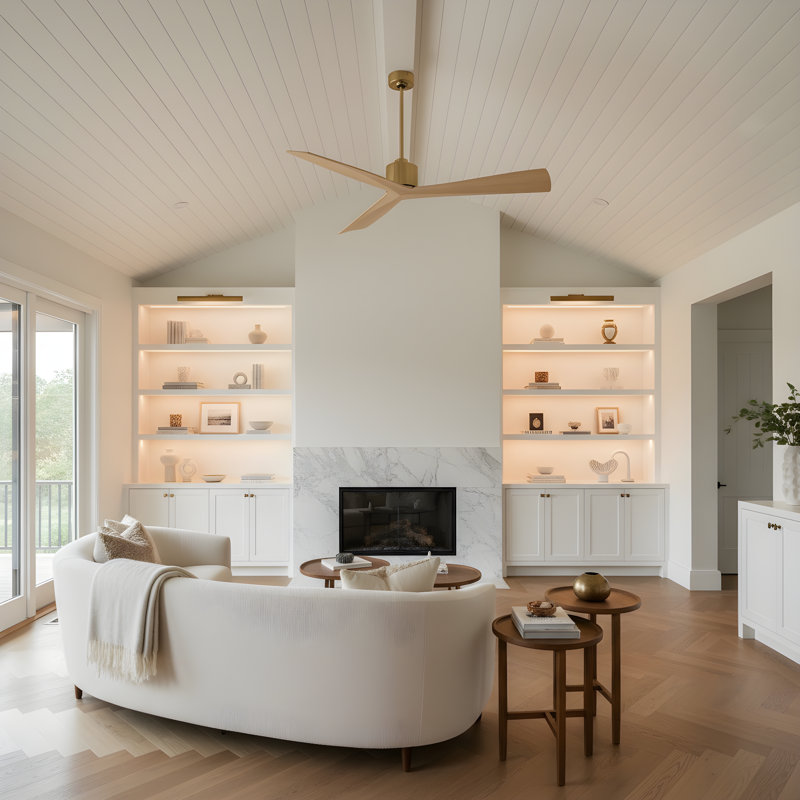  Adler 52 Indoor Ceiling Fan with Washed White Oak ABS blades and Handheld Remote, Burnished Brass, Washed White Oak