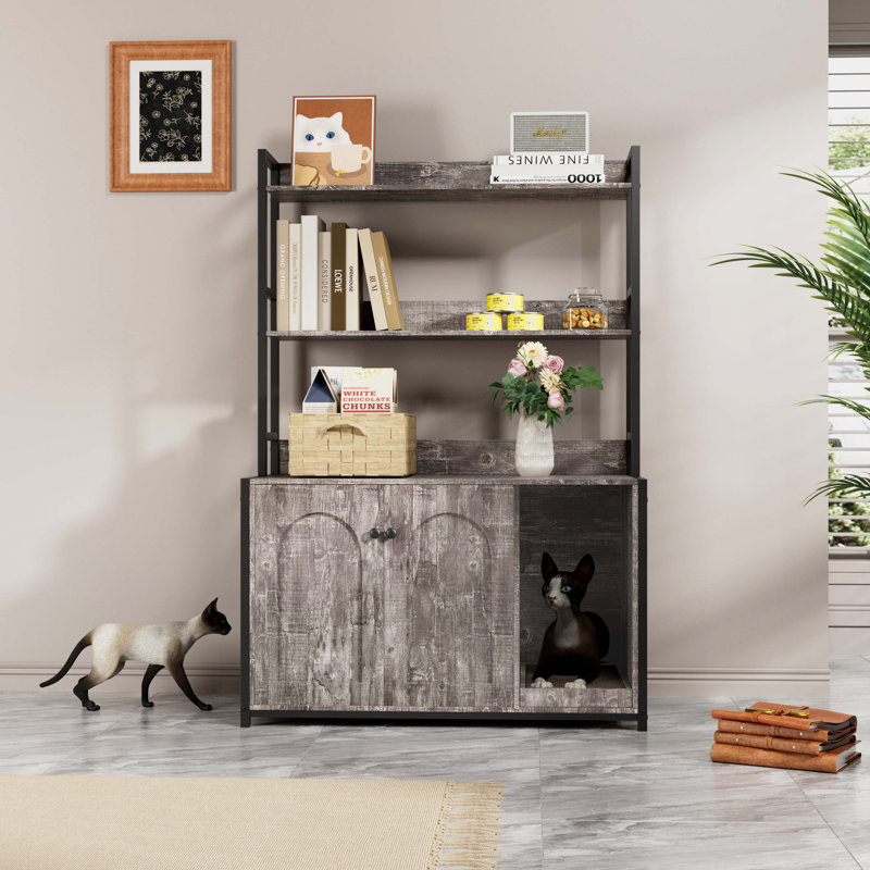 Maison pour chat en bois avec compartiment caché pour litière, tablettes et bloc-notes