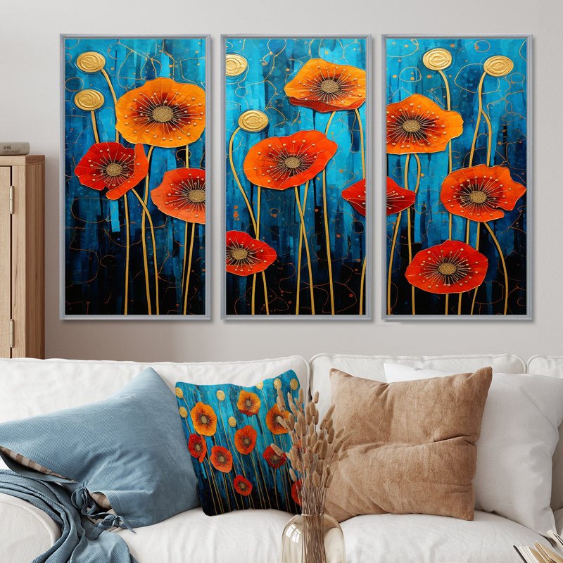 Red Poppies Magical Night - ensemble de reproductions d'art mural coquelicots, Encadrement argenté