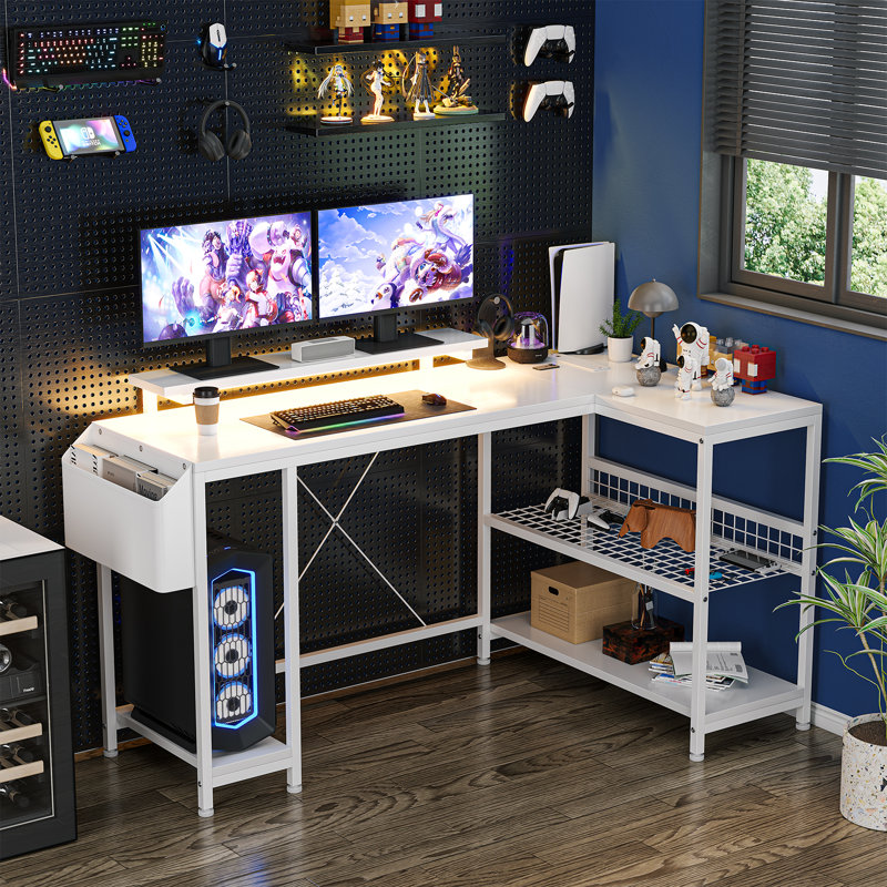 49" L Shaped Computer Desk with Power Outlets and RGB LED Lights for Home Office, White