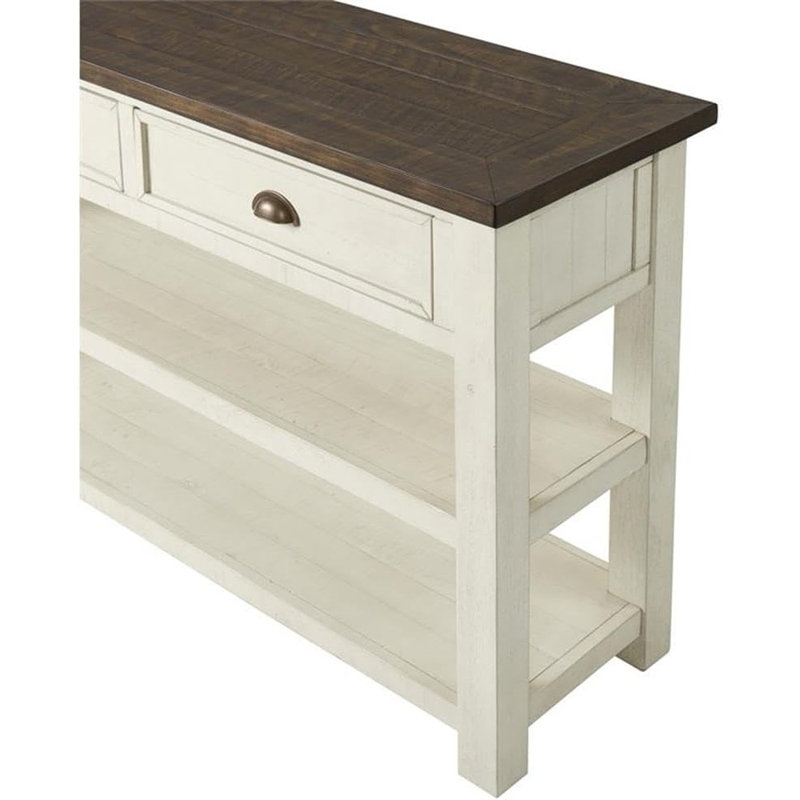 Console de canapé en bois massif, blanc crème avec plateau brun