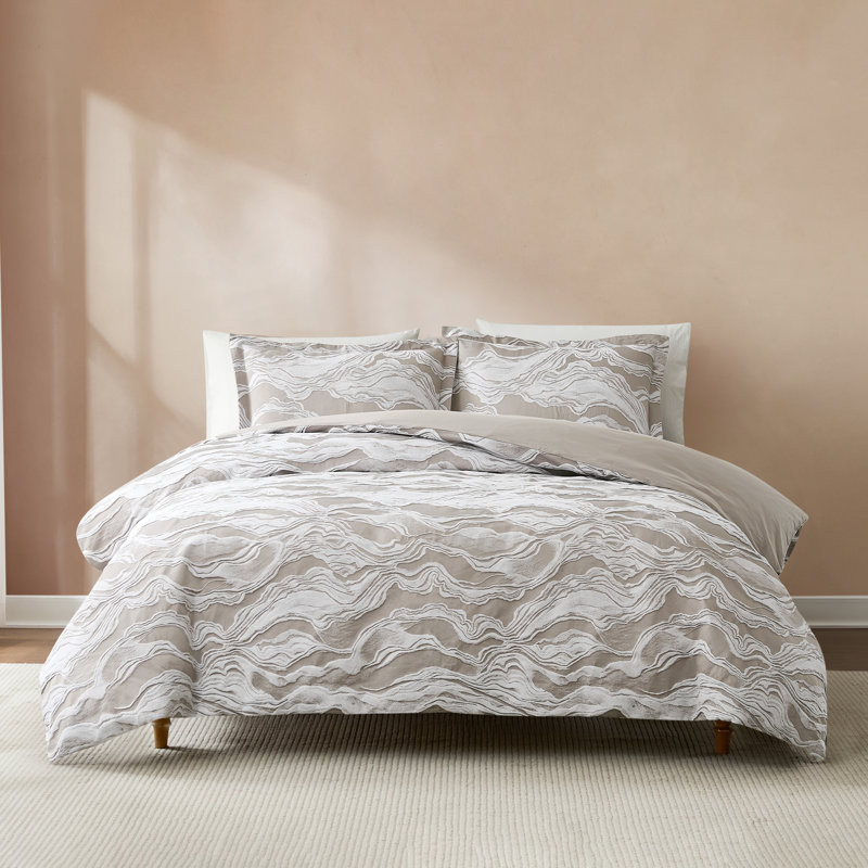Cascade Wave Cotton Duvet Cover Gray/White 3 Piece Set Queen, Gray, Queen Duvet Cover + 2 Standard Shams