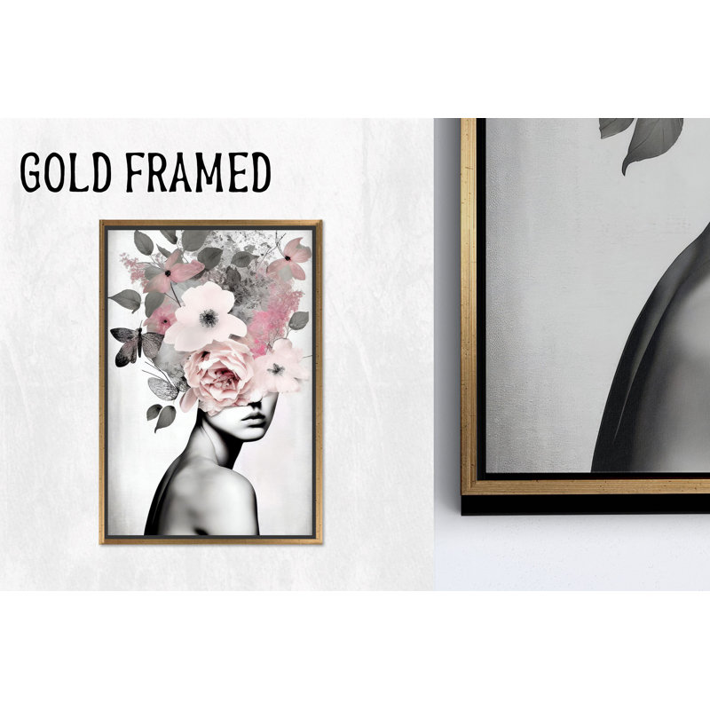 «Elegant Floral Woman», art mural en verre sur toile, fleur dorée 1P, 63,1 po H x 39,4 po l