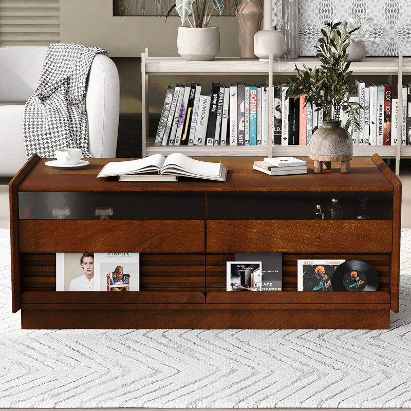 Table basse moderne rectangulaire avec 4 tiroirs et 2 tablettes de présentation, table basse en bois de style cannelé de 47,2 po pour le salon