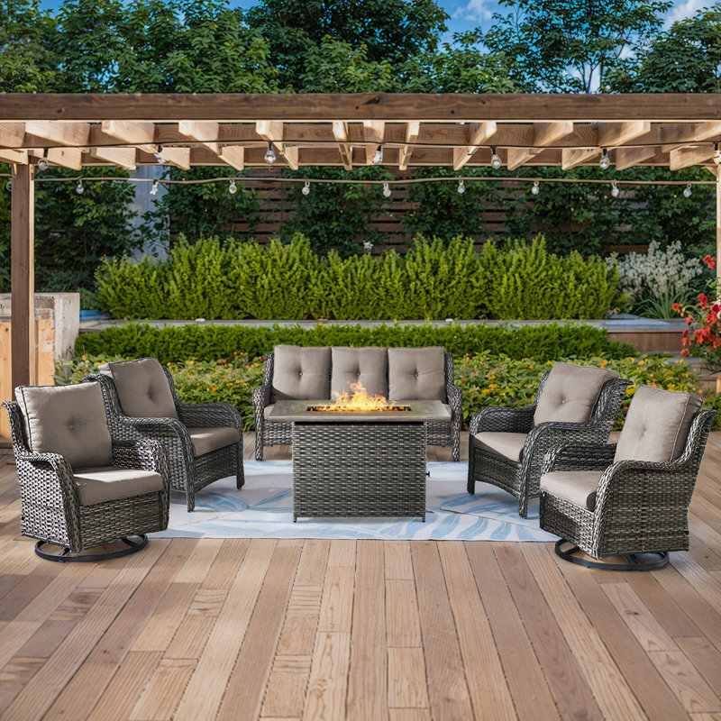 Deb 6-Pieces Outdoor PE Wicker Patio Conversation Set with Fire Pit and Cushions, Gray, Gray