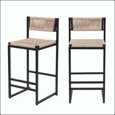 Tabouret de bar en papier tissé - Structure en métal noir avec siège tissé miel