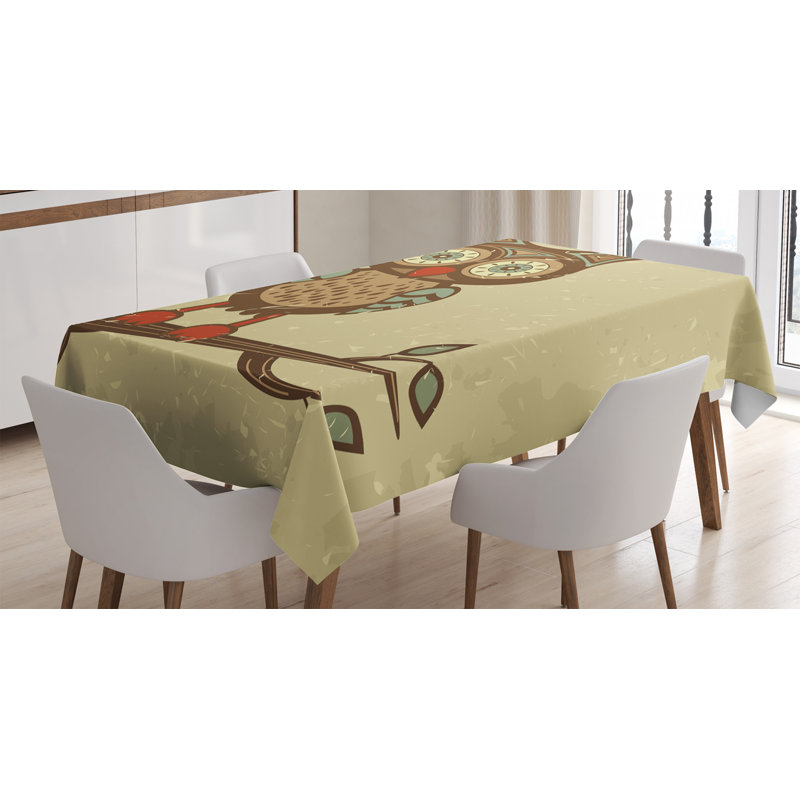 Owl Tablecloth, Owl Sitting On Branch Eyesight Animal Humor Pastel Retro Modern Graphic, Rectangular Table Cover For Dining Room Kitchen Decor, 52" X 70", Brown Cream Teal