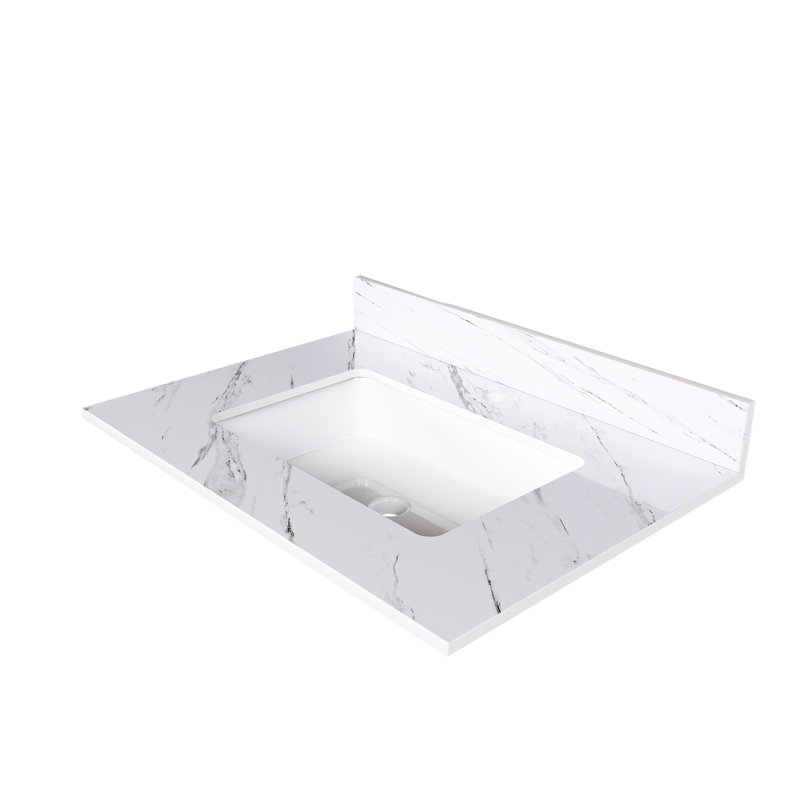 Dessus de meuble-lavabo blanc 31 po - Pierre frittée avec lavabo rectangulaire encastré, dosseret de 4 po, trous de robinet pré-percés élégants et fonctionnels en marbre