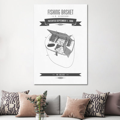 L.E. Gieshen Fishing Basket Patent Sketch Retro (Charcoal) by Aged Pixel - Wrapped Canvas Print