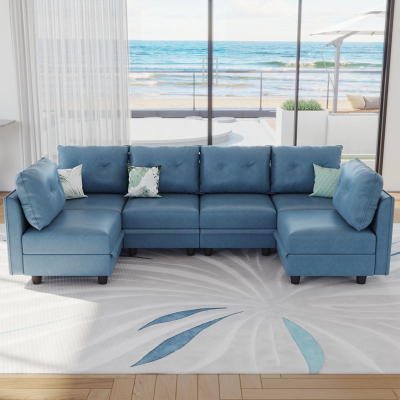 Canapé modulaire en U avec rangement 6 pièces Zendajas, Similicuir bleu ciel