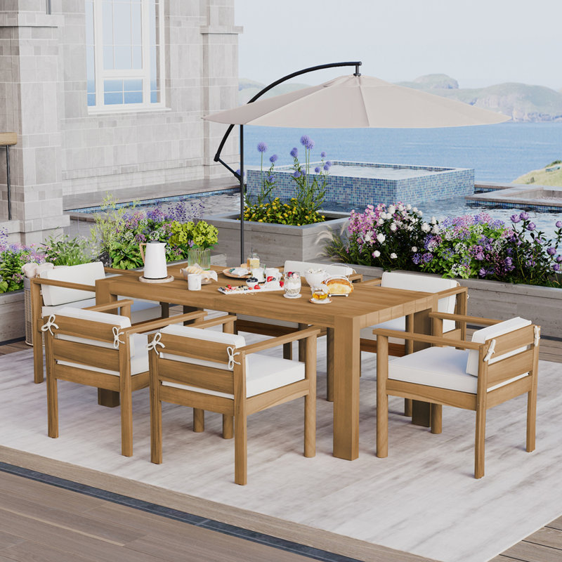 Ensemble de salle à manger de patio polyvalent 7 pièces pour le plaisir et la détente en plein air, Teck clair