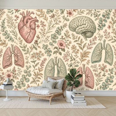 Wall Mural Peel and Stick Wallpaper human lungs heart brain flowers seamless healthcare medical vintage Self-Adhesive Removable Contact Paper Wall Decor for Living Room Bedroom 100"H x 144"W