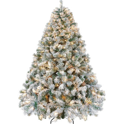 Pre-Lit Artificial Christmas Tree W/Incandescent Warm  Lights, Snow Flocked Full Prelighted Xmas Tree Branch Tips, 550 Incandescent Lights & Foldable Stand
