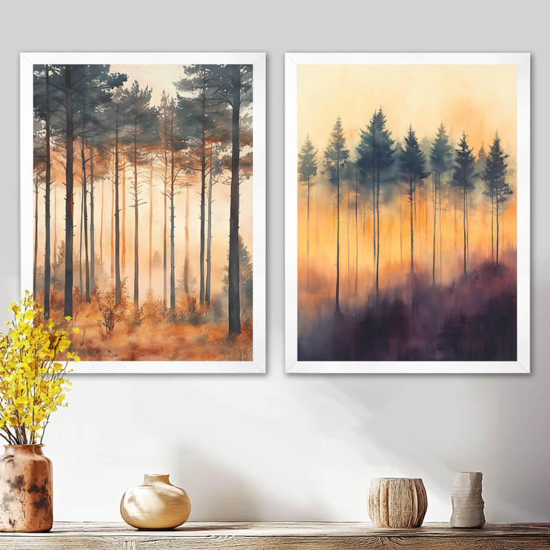 «Forest Sunset», art mural Woodland, H 32 po x l 48 po, Cadre simple blanc
