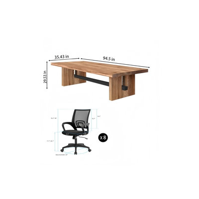 8-person office set, modern industrial-style solid wood conference table with black office chair 