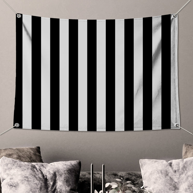 Tapisserie murale noir et blanc à rayures - Décoration murale rayures, H 68 po x l 80 po avec 4 œillets