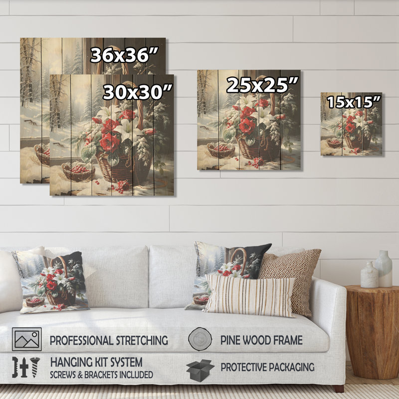 Winter Poinsettias Basket 1 II - Poinsettias On Wood Print, 15" H x 15" W