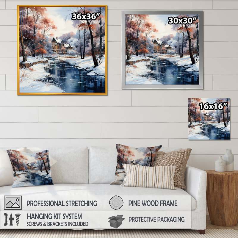 «Cabin River Forest Charm In Winter», reproduction sur toile, Cadre doré simple, H 24 po x l 24 po x P 1 po
