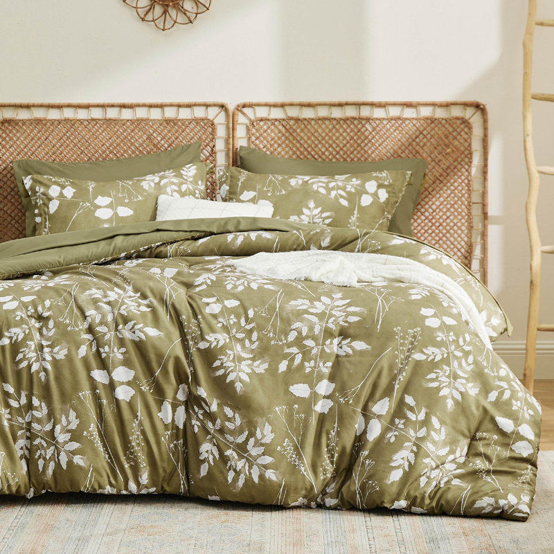 Bedsure Bed in a Bag - Reversible Flroal & Plant Pattern Printed with Comforters, Sheets, Pillowcases & Shams, Forest Green