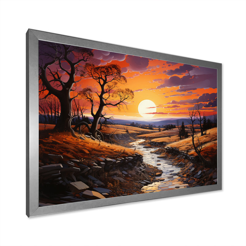 Coucher de soleil peint ciel pastoral, H 16 po x l 32 po x P 1 po, Cadre photo argenté