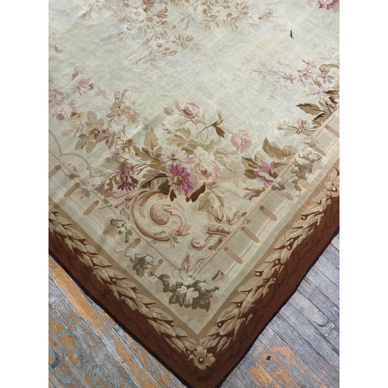 1850s Ivory Ground Floral Medallion Antique French Aubusson Flatweave Wool Rug