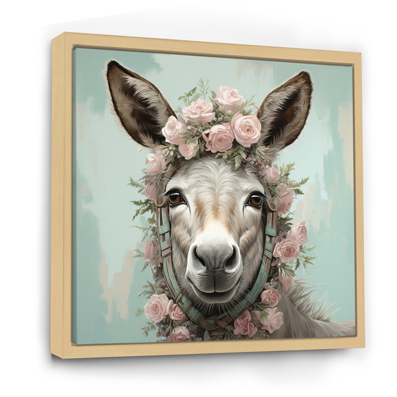 Adorable portrait floral d'âne - art mural d'âne, H 16 po x l 16 po x P 1 po, Cadre flottant brun