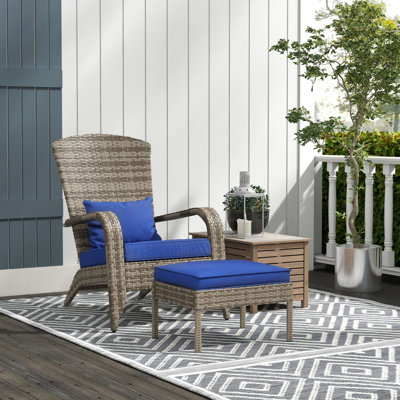 Chaise Adirondack de patio en osier avec repose-pieds, fauteuil d'extérieur avec coussins, haut dossier, grand siège et accoudoirs pour terrasse, jardin et cour arrière