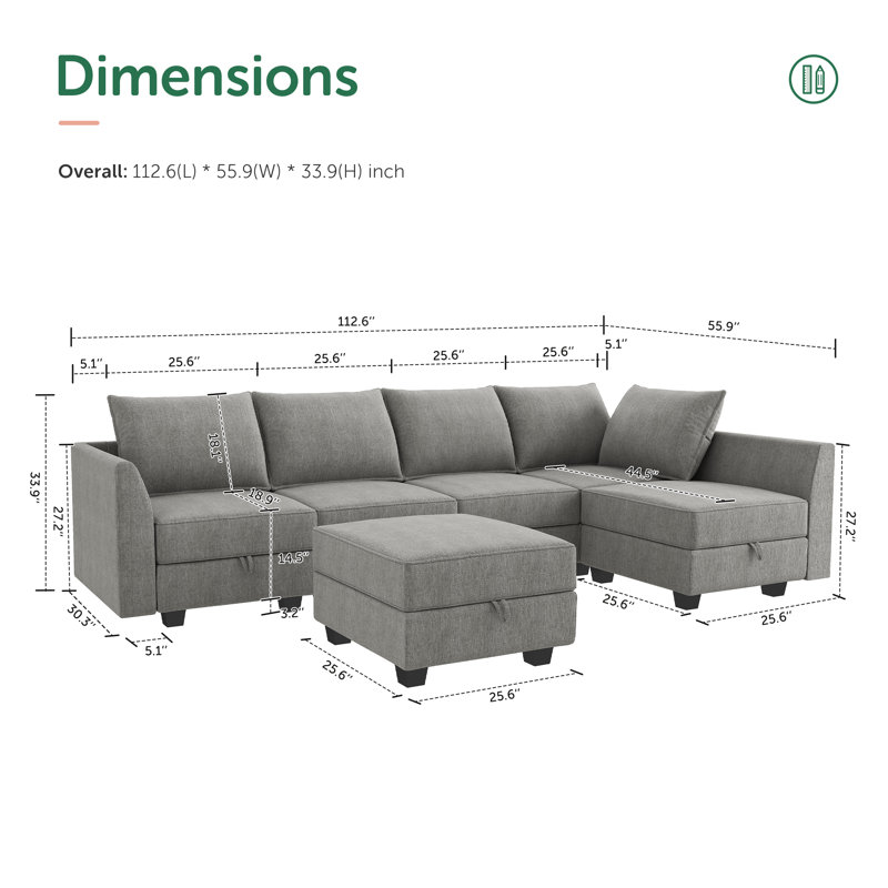 Tremee U shaped Upholstered Modular Sectional Storage Sofa Couch, Gray Polyester Blend
