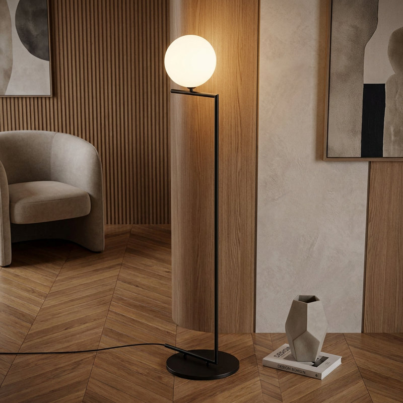 Lampe sur pied géométrique contemporaine Opus noir avec globe blanc
