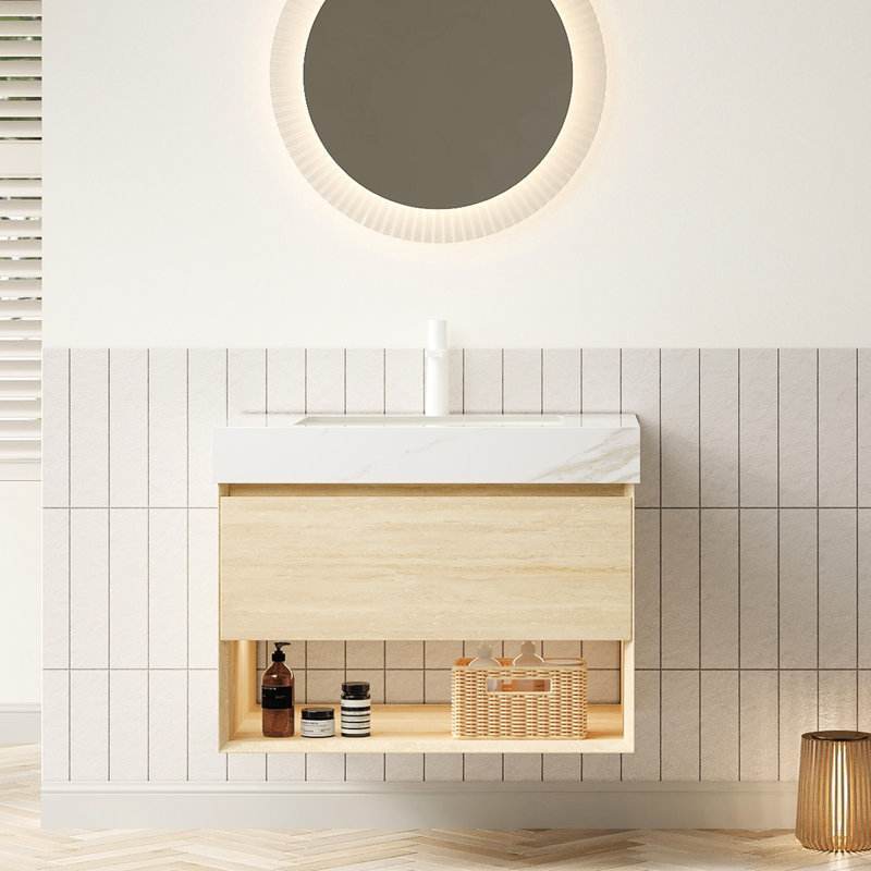 Meuble-lavabo suspendu de 76 cm avec lavabo en céramique, armoire de rangement en contreplaqué, tiroirs et étagères, éclairage DEL automatique, tablette supérieure en pierre frittée dorée, capteur DEL, lavabo encastré, surface