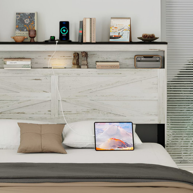 Lit plateforme gris antique blanc avec station de charge USB - rangement caché et structure en bois sans bruit, Lit double