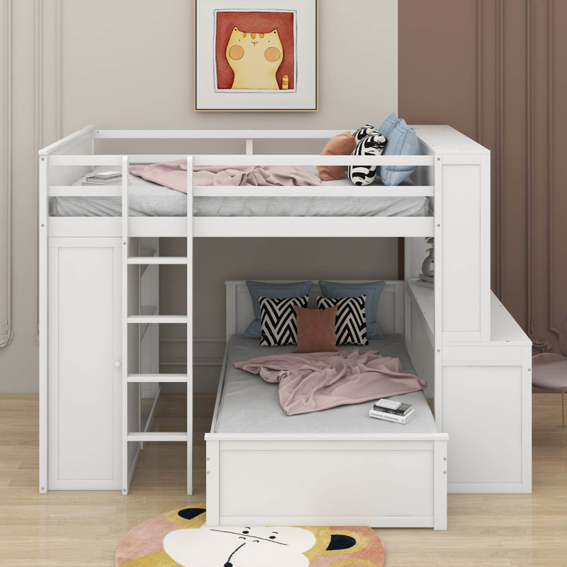 Lit mezzanine double avec lit autonome, bureau et garde-robe, Blanc