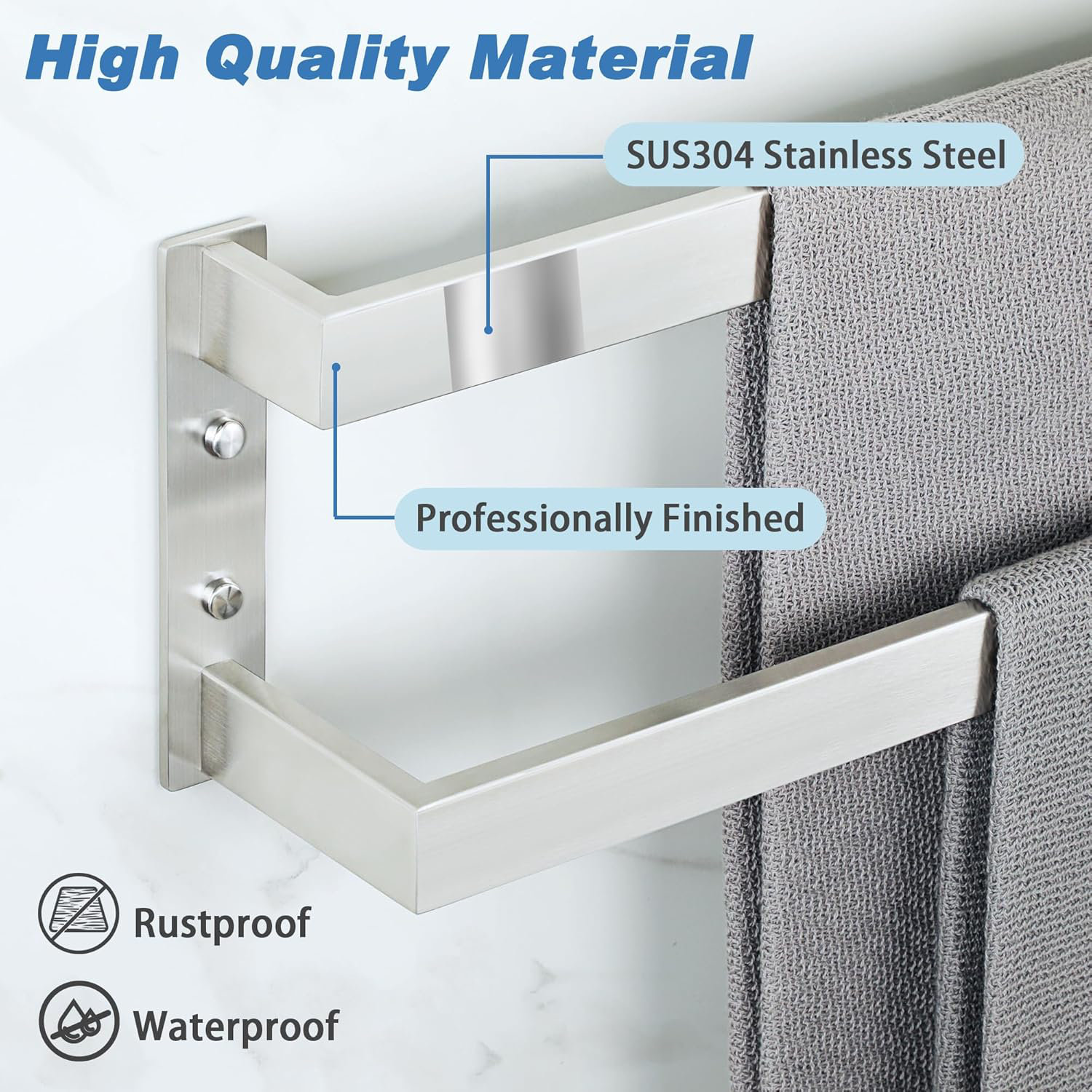 Double Telescopic Towel Holder – 16.9-29.9 Inch Adjustable, SUS304 Stainless Steel, No-Drill Or Screw Mount, Heavy Duty With Bottom Hooks, Black