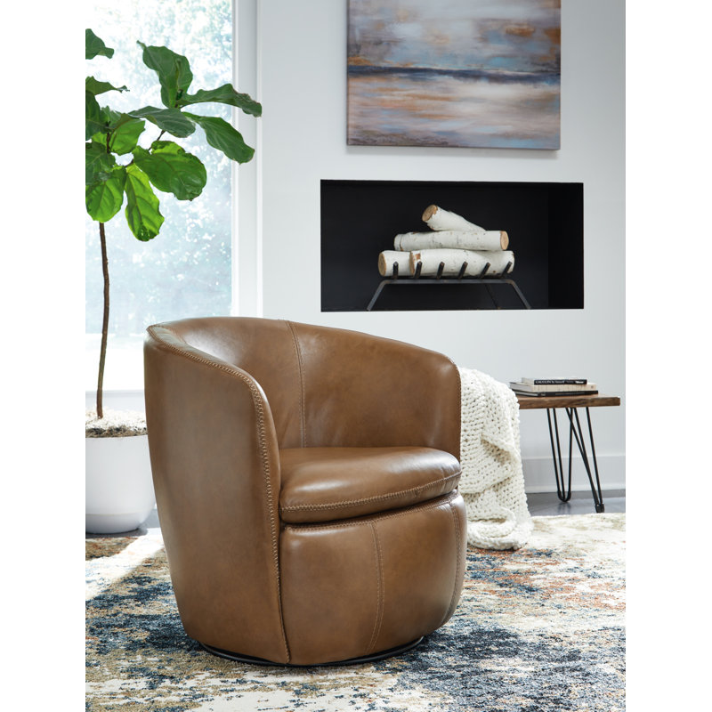 Caramel Brown Leather Barrel Swivel Chair