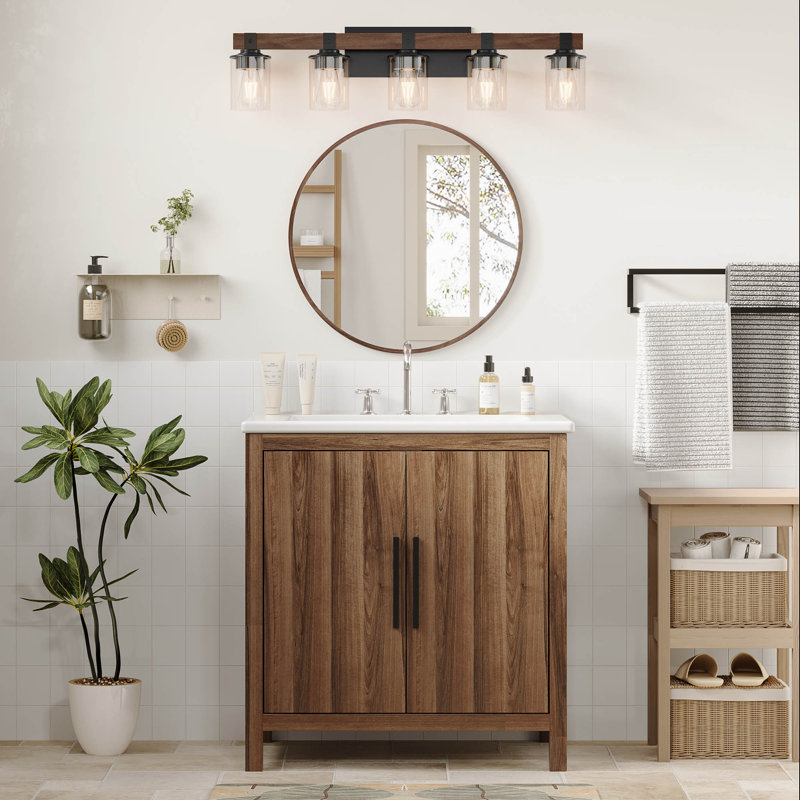 5 Light Dimmable Bathroom Vanity Lights, Moisture-Resistant Solid Wood & Black Metal, Clear Glass Shades, Industrial Style, 5