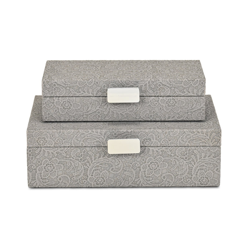 Vyrna Doily Pattern Set of 2 Storage Boxes with Silver Handles, Grey
