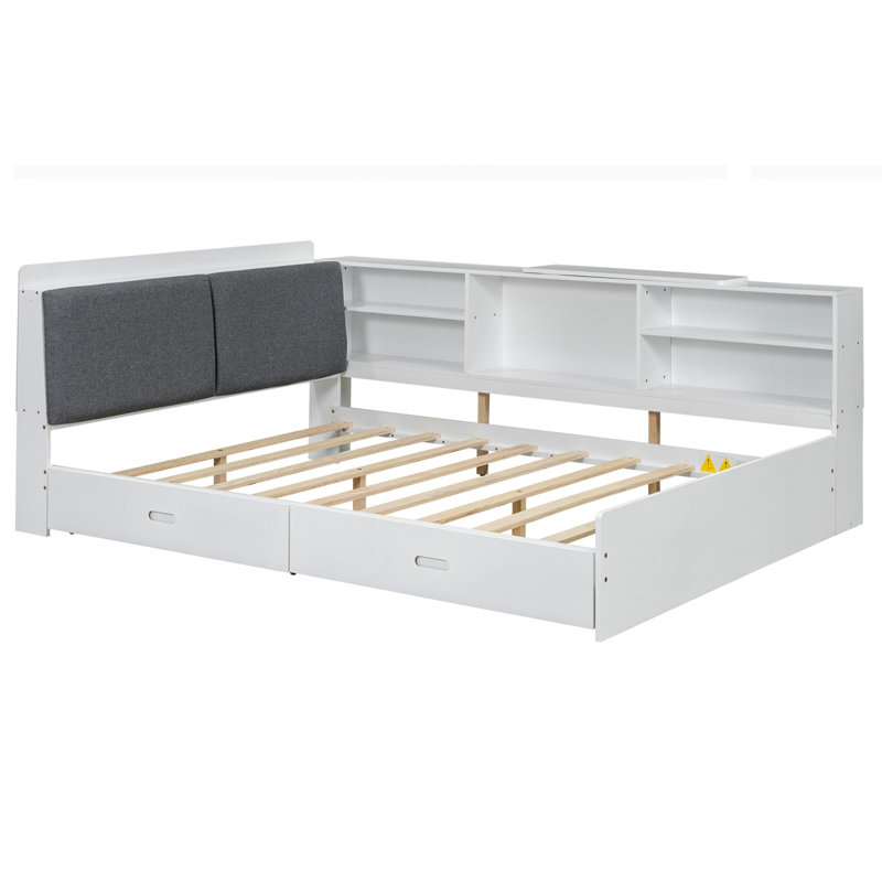 Lit plateforme en bois avec tête de lit, tablettes et 2 tiroirs, Blanc