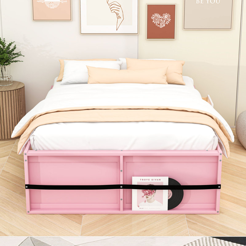 Lit plateforme contemporain en bois avec vitrine intégrée, éclairage à DEL et tiroir de rangement, Grand lit, Rose/Blanc