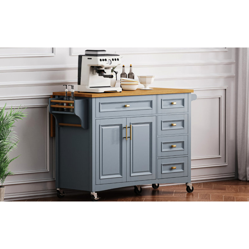52'' Kitchen Island With Drop Leaf, Blue Grey. Abundant Space For Storage 2 Doors, 5 Drawers, Towel & Spice . Adjustable Shelf. Mobile On Wheels Lockable Feature. And Oak Veneer. Classic Fascination