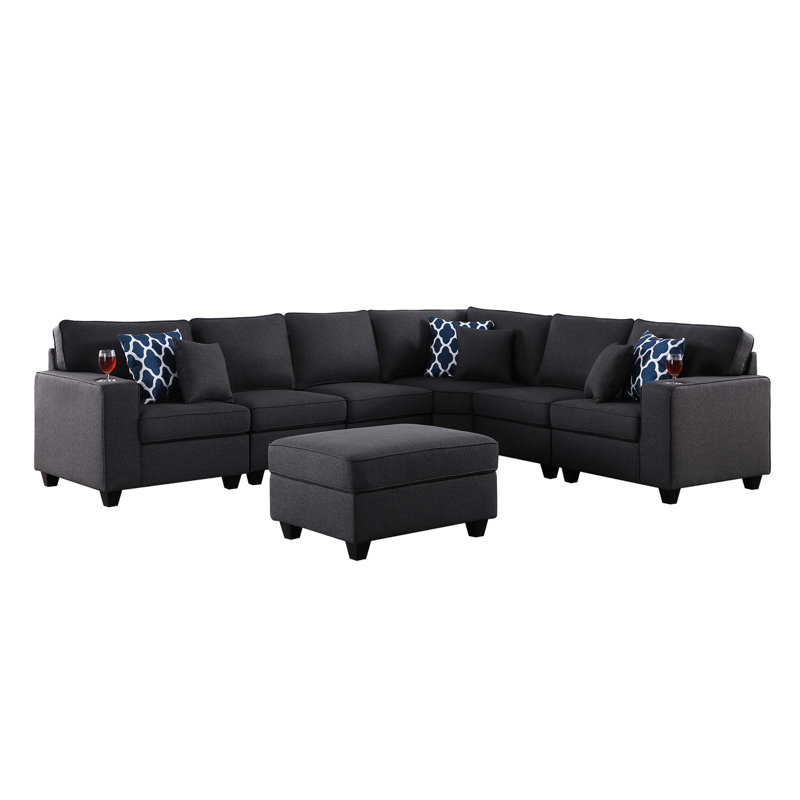Canapé modulaire réversible en forme de L 7 pièces en lin gris foncé, large de 125 po, avec porte-gobelets, 6 coussins décoratifs, pièces modulaires, siège d'une hauteur de 17,75 po, profondeur de 23 po, accoudoir de 24,25 po, pied en plastique brun de 3,25 po, mousse de dossier de 18 po