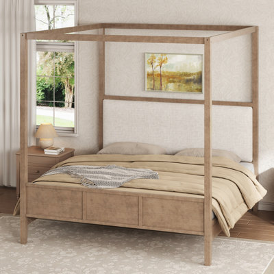 Lit plateforme à baldaquin en bois avec tête de lit tapissier et support à lattes