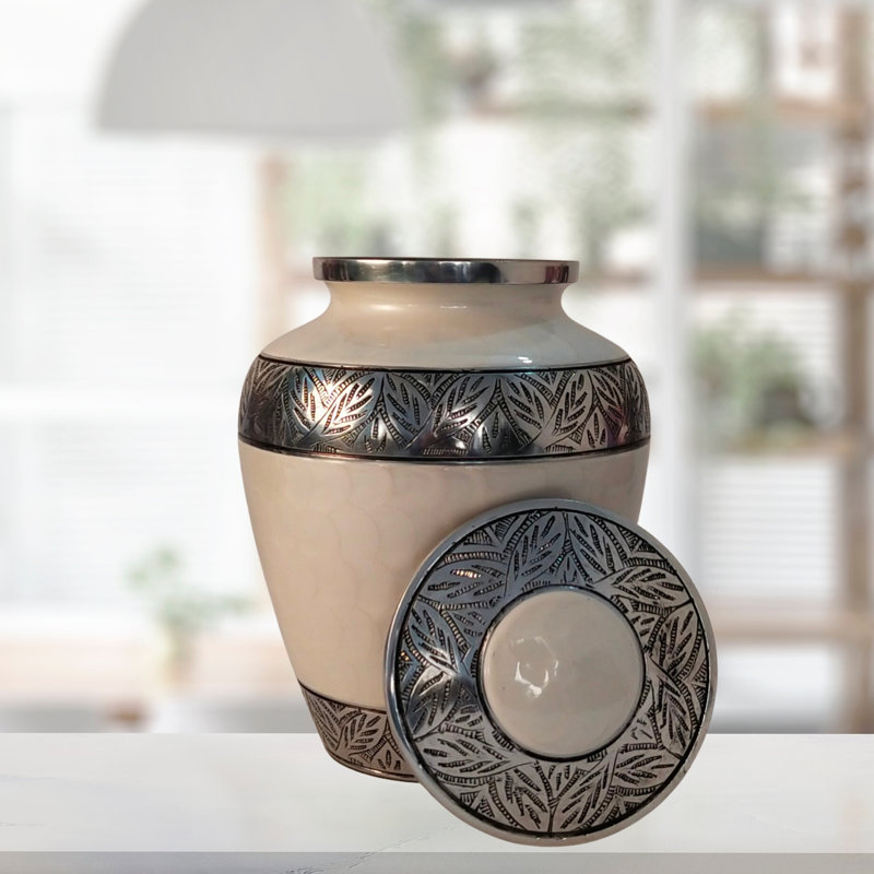 Rishvie Etched Leaves Handcrafted Cremation Urn , White