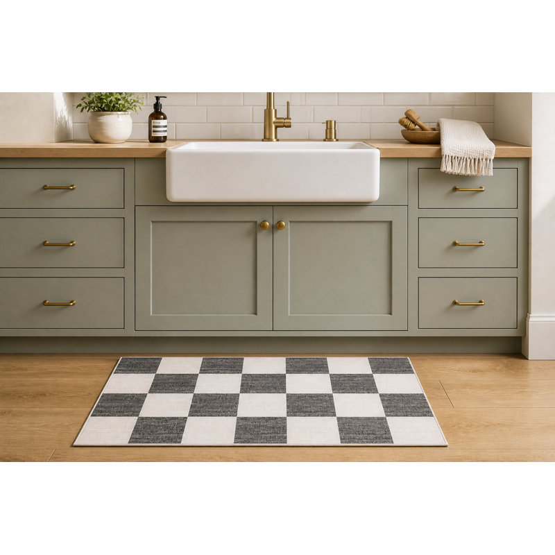 Tapis à carreaux lavable à la machine, Black & White, 12x2.5 ft, Runner