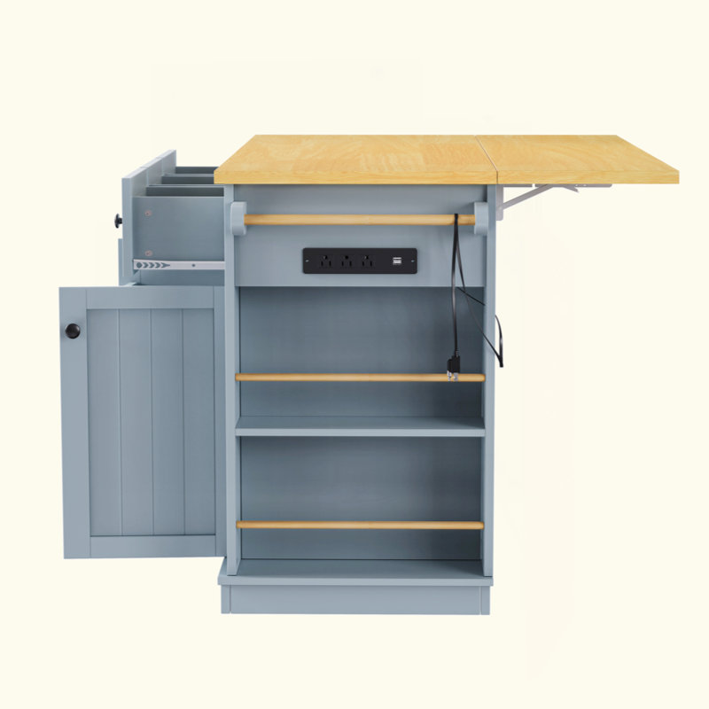 Large Kitchen Island with Drop Leaf, Power Outlet, Door Internal Storage Rack, Rolling Kitchen Cart on 5 Wheels with 5 Open Side Racks for Kitchen, Dining Room (Not Include Bar Stools)