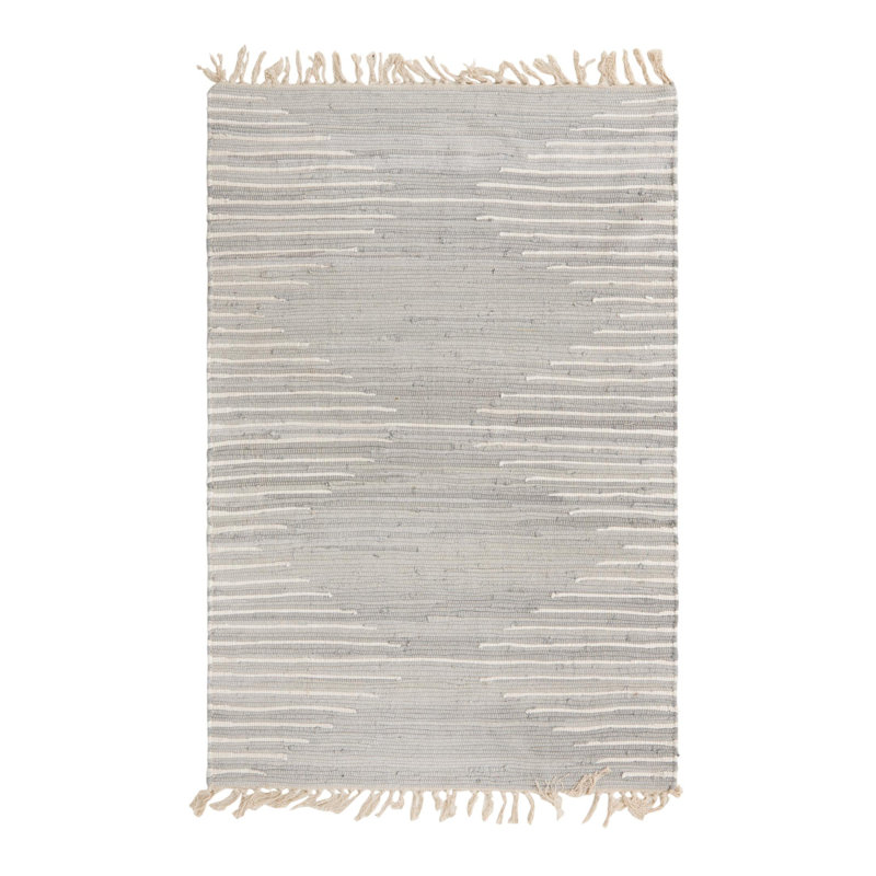 Tapis gris / blanc en coton tissé à plat à la main Justice, Rectangle 4 pi 1 po x 6 pi 1 po